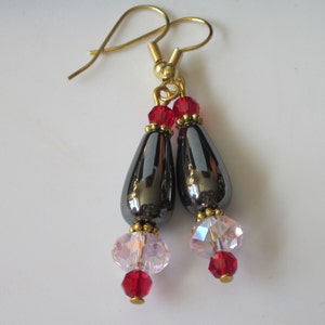 Hematite Earrings, Gemstone Teardrop, Beaded Pink Czech Glass and Hematite Stone Drop image 1