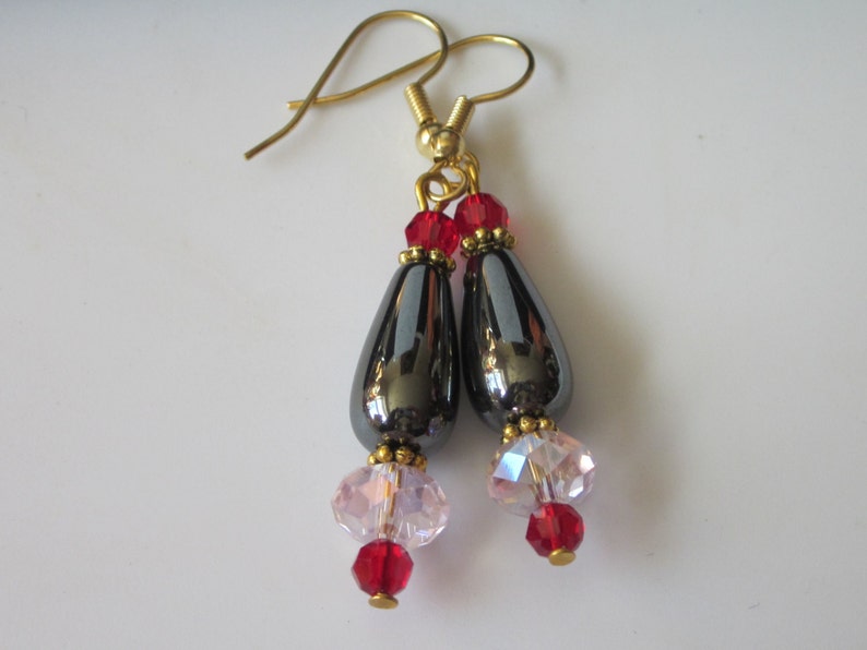 Hematite Earrings, Gemstone Teardrop, Beaded Pink Czech Glass and Hematite Stone Drop image 1