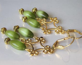 Green Chandelier Earrings, Modern Beaded Earrings, Gold Filigree, Cat Eye, Green Fiber Optic Drops