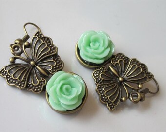 Butterfly Earrings, Antiqued Bronze Butterfly, Light Green Spring Wedding, Rose Flower Earrings, Insect Jewelry