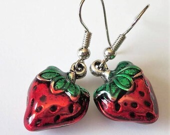 Strawberry Earrings, Red Dangle Earrings, Berry, Fruit, Food Jewelry, Glossy Enameled Strawberries