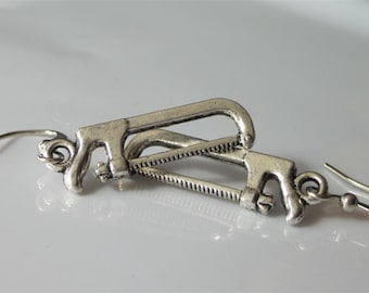 Hacksaw Earrings, Antiqued Silver Miniature Tool Earrings, Unisex Jewelry, Mens Dangle Earrings