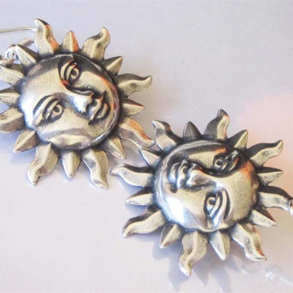 Sun Earrings, Antiqued Sterling Silver Plated Brass, Metal Earrings, Celestial Dangle, Flaming Sun, Earring Jewelry