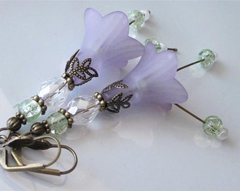 Purple Flower Earrings, Bohemian Wedding, Crystal Flower Earrings, Cascading Long Beaded Flower Dangle