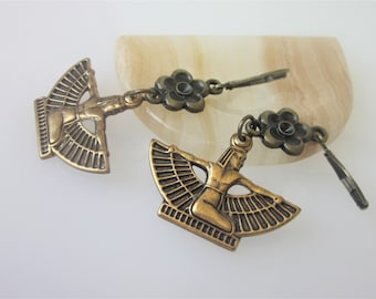 Winged Egyptian Goddess Earrings, Winged Isis Earrings, Egyptian Jewelry, Antiqued Gold Brass, Stamping, Goddess Dangle