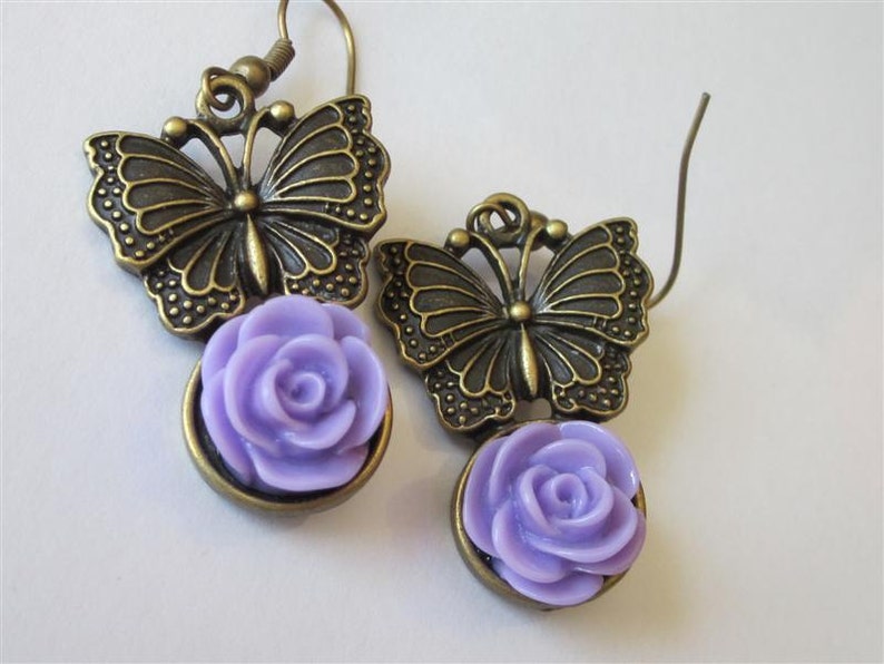 Spring Butterfly Earrings, Lavender Garden Flower Dangle, Purple Easter Earrings, Butterfly Dangle and Drop Earrings image 2