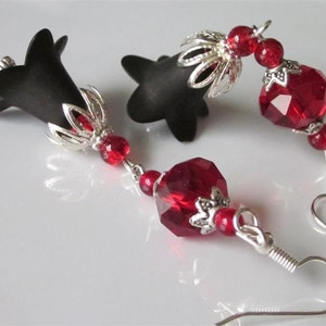 Goth Wedding Earrings, Blood Red Glass, Black Lucite Flower, Goth Chandelier, Red and Black image 2