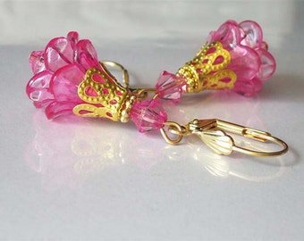 Pink Flower Earrings, Lucite Flower Jewelry, Dangle Earrings, Bright Pink Floral Earrings