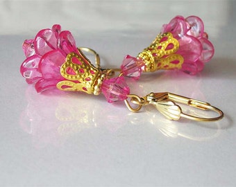 Pink Flower Earrings, Lucite Flower Jewelry, Bright Pink Floral Dangle Earrings, Gold Leverback