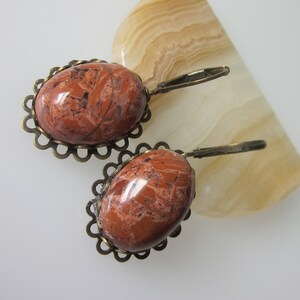 Jasper Earrings, Red Jasper, Gemstone Dangle Earrings, Unique Stone Jewelry, Oval Stone, Antiqued Brass Leverback Ear Wires image 2