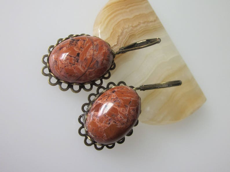 Jasper Earrings, Red Jasper, Gemstone Dangle Earrings, Unique Stone Jewelry, Oval Stone, Antiqued Brass Leverback Ear Wires image 2