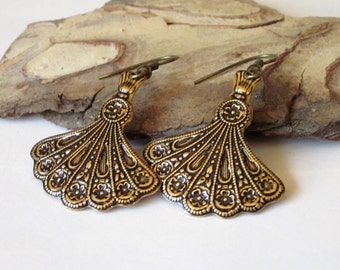 Antiqued Gold Hand Fan Earrings, Womens Boho Tassel Fan Dangle, Floral Brass Metal Stamping
