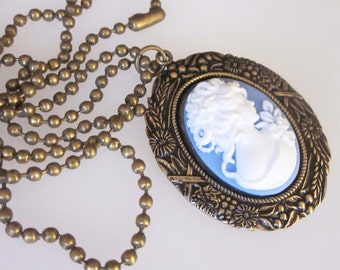 Victorian Cameo Pendant Necklace, Antiqued Brass, Blue and White Cameo, Fall Harvest, Victorian Lady