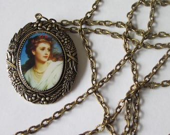 Vintage Cameo Necklace, Victorian Lady in White, Antiqued Gold Oval Cameo, 30" Long Necklace, Brass Floral Pendant