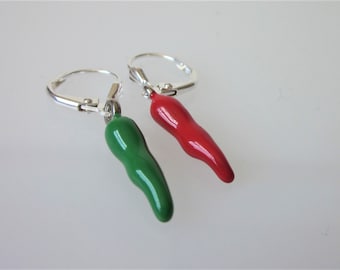 Mismatched Italian Chili Pepper Dangle Earrings, Jewelry Gift, Food Jewelry, Enameled Charm, Pepper Earrings