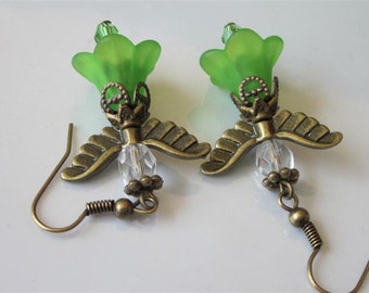 Green Fairy Earrings, Lucite Flower Dangle, Garden Fairy, Handmade Jewelry, Fae Earrings, Sprint, Flower Jewelry, Woodland Wee Folk