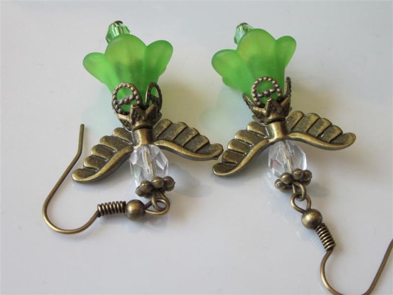 Green Fairy Earrings, Lucite Flower Dangle, Garden Fairy, Handmade Jewelry, Fae Earrings, Sprint, Flower Jewelry, Woodland Wee Folk image 1