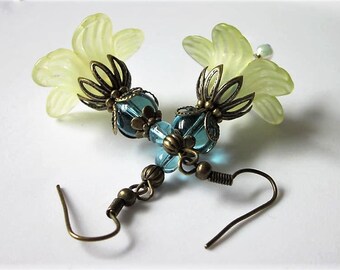 Yellow Victorian Flower Earrings, Aquamarine Quartz Gemstone Earrings, Antiqued Brass Filigree, Romantic Dangles