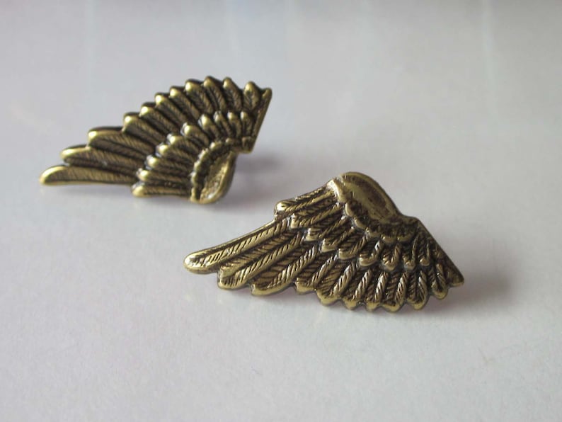 Mens Earrings, Wing Earrings, Angel Wing Stud, Antiqued Gold, Brass Metal, Post Earrings, Unisex Jewelry, Small Wings image 5