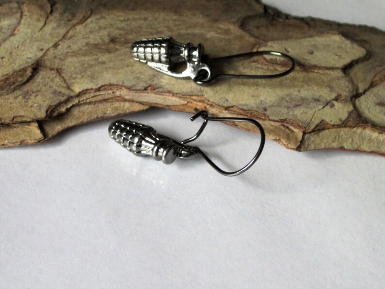 Miniature Hand Grenade Earrings, Medium Black Gunmetal Charm Earrings, Pineapple Hand Grenade, Military Explosive Weapons Earrings image 4