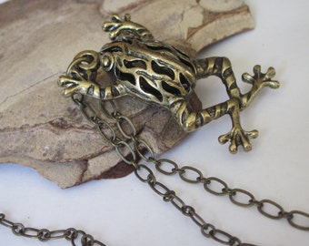 Frog Necklace, Fantasy Jewelry, Amphibian Jewelry, Toad Necklace, Hollow Filigree 17" Reptile Necklace, Animal Jewelry Pendant