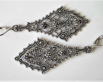 Filigree Earrings, Antiqued Silver Lacy Filigree, Diamond Shaped Elegant Drop,