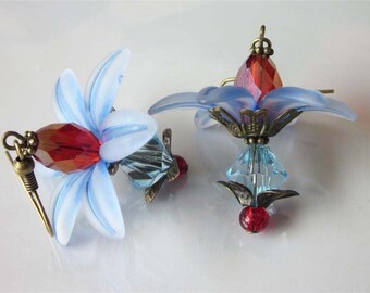 Garden Earrings, Modern Crystal Jewelry, Beaded Blue Flower Earrings, Red Crystal Earrings, Garden Jewelry