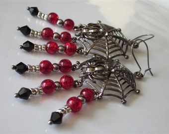 Spider Web Earrings, Vampire Earrings, Blood Red and Black Crystal, Spider Jewelry, Spooky Halloween Jewelry, Womens Goth Gift