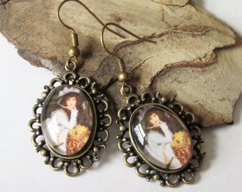 Victorian Lady in White Dangle Earrings, Antiqued Brass Oval Shaped Cameo, Vintage Style Drop Earrings, Gift for her