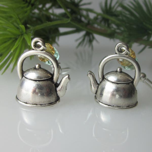 Teapot Earrings, Antiqued Silver Tea Kettle, I'm A Little Tea Pot, Faceted Crystal Earrings, Tea Lovers Jewelry Gift