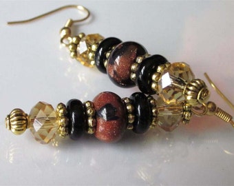 Goldstone Dangle Earrings, Autumn Earrings, Beaded Gemstone, Blue and Brown Goldstone, Black Onyx, Fall Jewelry, Multi-Gemstone Earrings