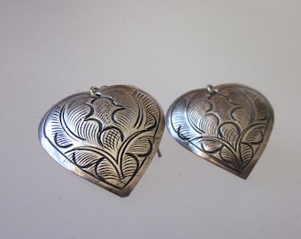 Silver Heart Dangle Earrings, Medium Size Hill Tribe Earrings, Etched Metal Earrings, Romance Jewelry