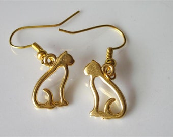 Gold Cat Earrings, Small Dangle Earrings, Animal Jewelry, Holiday Jewelry, Halloween Earrings, Pewter Metal, Minimalist Halloween Cat