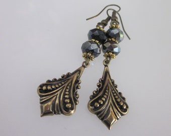 Brass and Glass Earrings, Antiqued Gold Brass Metal, Black Crystal Victorian Dangle, Long Elegant Earrings