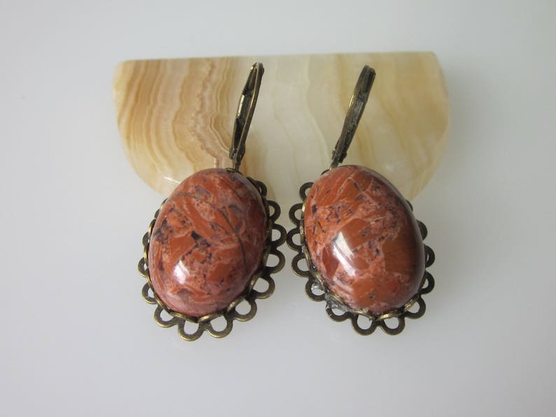 Jasper Earrings, Red Jasper, Gemstone Dangle Earrings, Unique Stone Jewelry, Oval Stone, Antiqued Brass Leverback Ear Wires image 8