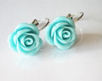 Rose Earrings, Aqua Blue Flower, Silver Leverback, Rose Wedding Jewelry, Bridesmaid Drop, Romantic Flower