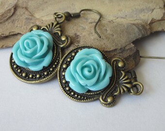 Garden Flower Rose Dangle Earrings, Aqua Blue Rose Cameo Earrings, Victorian Rose