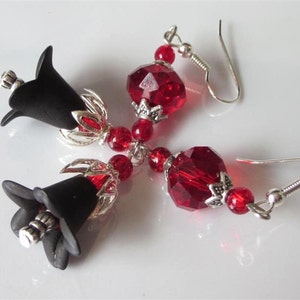 Goth Wedding Earrings, Blood Red Glass, Black Lucite Flower, Goth Chandelier, Red and Black image 5