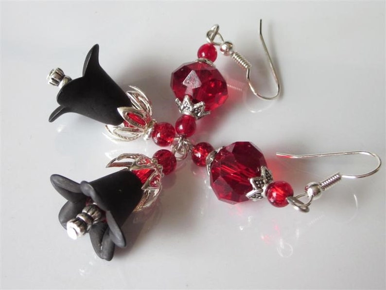 Goth Wedding Earrings, Blood Red Glass, Black Lucite Flower, Goth Chandelier, Red and Black image 5