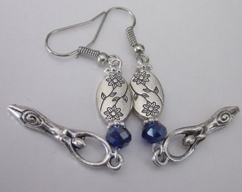 Silver Goddess Earrings, Long Lightweight Chandelier Earrings, Sapphire Swarovski Crystals, Pagan Jewelry
