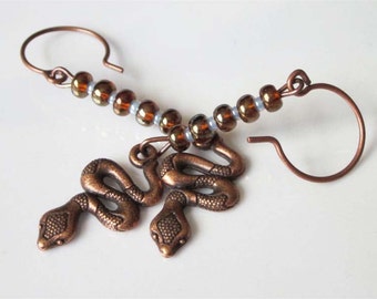 Copper Snake Earrings, Rattle Snake Dangle, Serpent Jewelry, Antiqued Metal and Czech Glass, Unisex, Mens Dangle Earrings