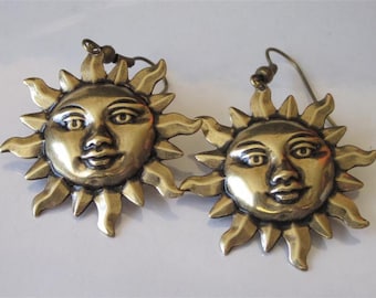 Flaming Sun Earrings Antiqued Gold Brass Blazing Sun Metal Dangle Earrings