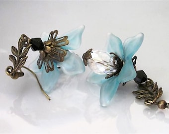 Rustic Wedding, Blue Wedding, Light Blue Flower Earrings, Antiqued Brass Crystal Dangle, Vintage Inspired Boho Dangles, Bohemian Rustic