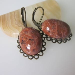 Jasper Earrings, Red Jasper, Gemstone Dangle Earrings, Unique Stone Jewelry, Oval Stone, Antiqued Brass Leverback Ear Wires image 1