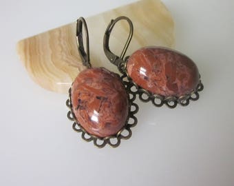 Jasper Earrings, Red Jasper, Gemstone Dangle Earrings, Unique Stone Jewelry, Oval Stone, Antiqued Brass Leverback Ear Wires