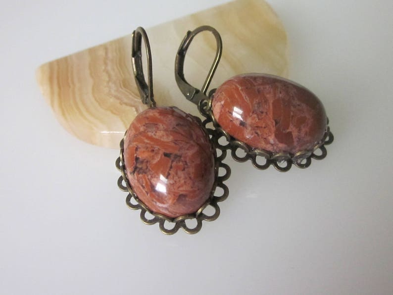 Jasper Earrings, Red Jasper, Gemstone Dangle Earrings, Unique Stone Jewelry, Oval Stone, Antiqued Brass Leverback Ear Wires image 1