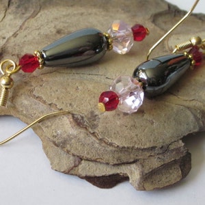 Hematite Earrings, Gemstone Teardrop, Beaded Pink Czech Glass and Hematite Stone Drop image 4