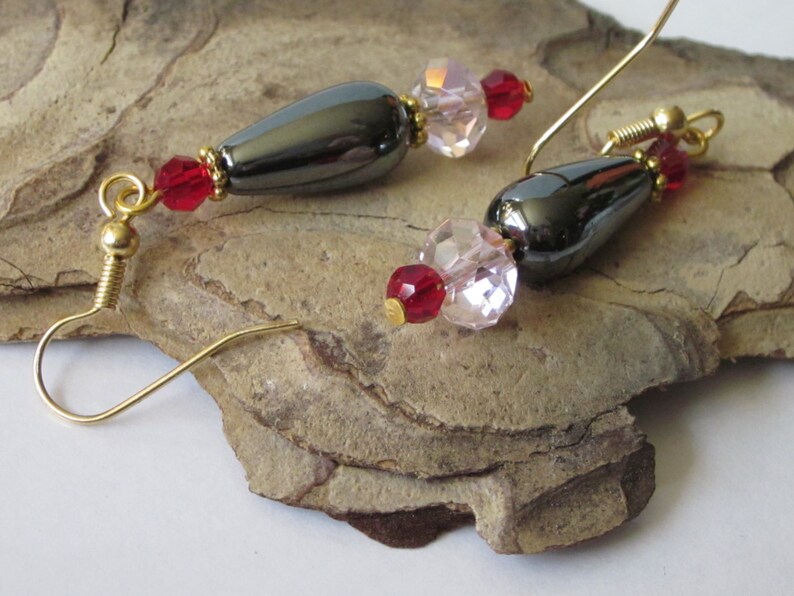 Hematite Earrings, Gemstone Teardrop, Beaded Pink Czech Glass and Hematite Stone Drop image 4