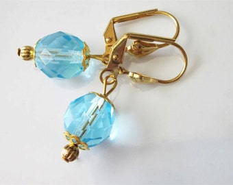 Minimalist Blue Glass Earrings, Blue Czech Glass Earrings, Aquamarine Glass Dangles, Blue Wedding, Gold Leverback