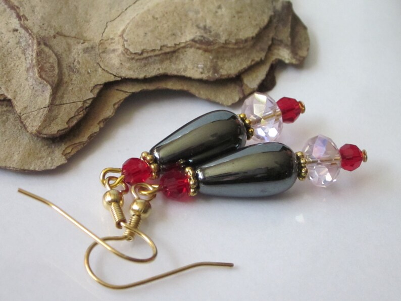 Hematite Earrings, Gemstone Teardrop, Beaded Pink Czech Glass and Hematite Stone Drop image 2